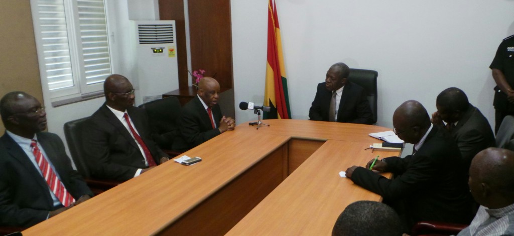 Vice President K. B. Amissah-Arthur hosting former Botswana President Festus Mogae at the Flagstaff House in Accra.