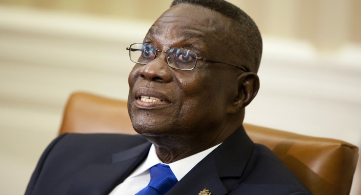 Ghana's President John Evans Atta Mills speaks during a meeting with U.S. President Barack Obama in the Oval Office of the White House in Washington March 8, 2012.      REUTERS/Joshua Roberts    (UNITED STATES - Tags: POLITICS)