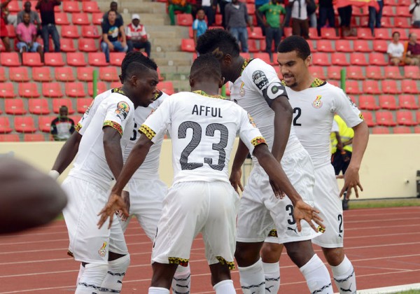 Christian Atsu of Ghana (7) celebrates a goal with teammates during of the 2015 Africa Cup of Nations Quarter Final match between Ghana and Guinea at Malabo Stadium, Equatorial Guinea on 01 February 2015 Pic Sydney Mahlangu/BackpagePix